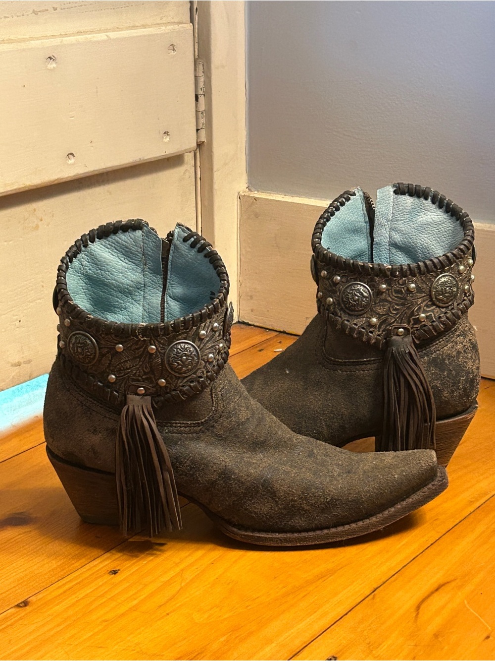 Corral Suede Western Concho Fringe Ankle Boots